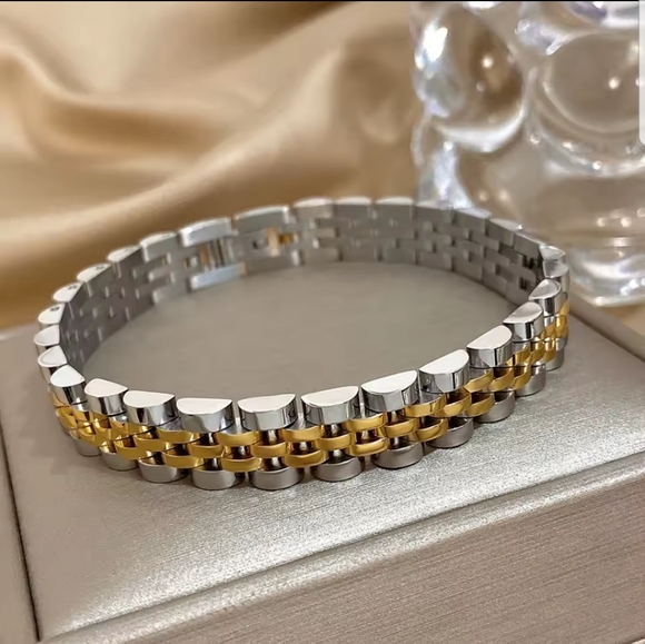 5Layer 10mm Beaded Bracelet 2 tone Classic Stainless steel Band Watch Chain Bang - Picture 2 of 4